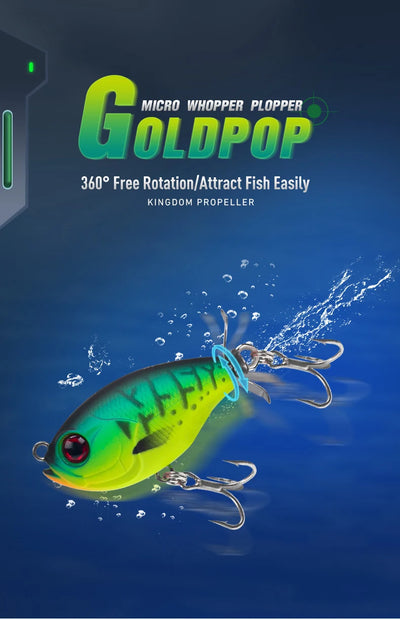 Floating topwater wobbler lure with green body, red eye, and chrome treble hooks