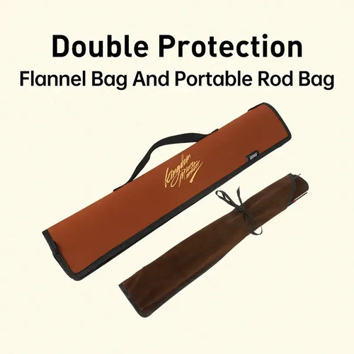 Travel fishing rod storage: two flannel-style rod bags with strap closures