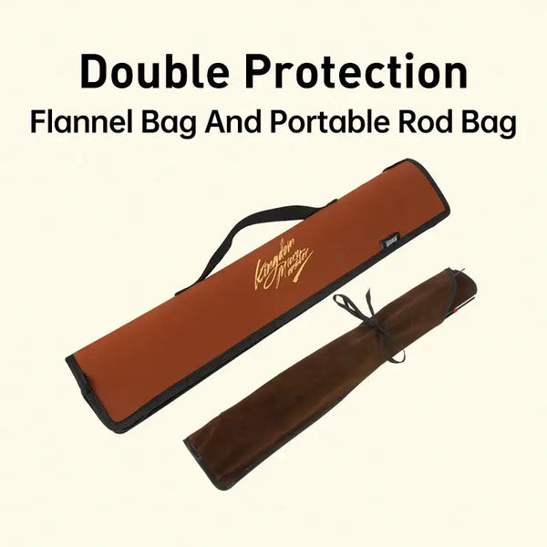 Travel fishing rod storage: two flannel-style rod bags with strap closures
