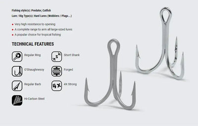 Trolling minnow fishing lure with triple treble hooks, curved metal finish