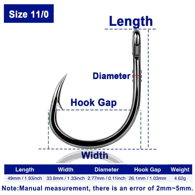 Fishing bait hook, Size 11/0, dark metal finish, offset J hook with barbed point