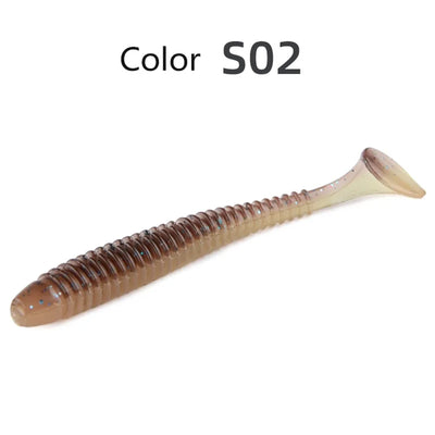 Soft paddle tail swimbait lure, Color S02: tan-brown ribbed body with pale tail.