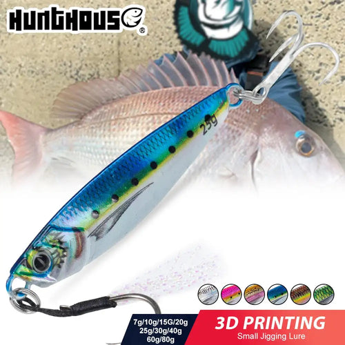 Metal sinking jig fishing lure, blue and silver scale pattern with treble hooks