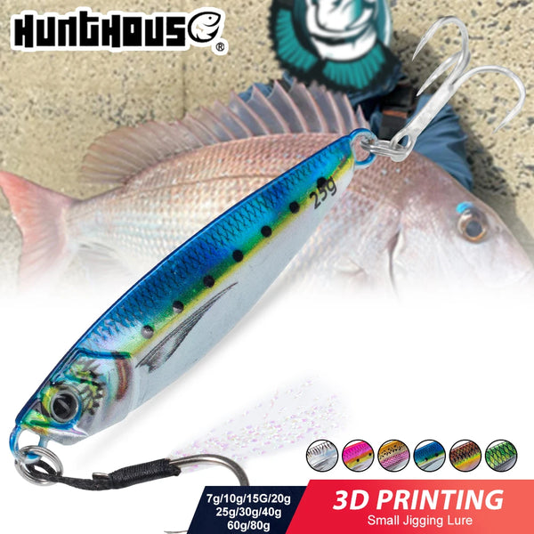 Metal sinking jig fishing lure, blue and silver scale pattern with treble hooks