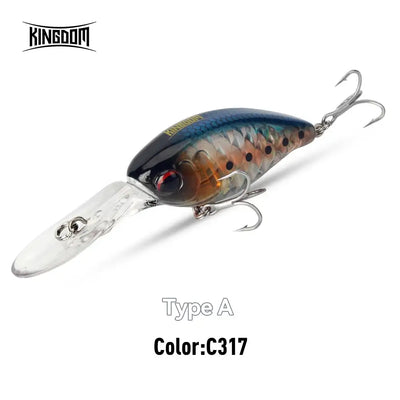 Floating crankbait minnow lure, Type A, blue-black body with orange spots and 2 treble hooks