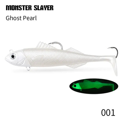 Ghost Pearl soft swimbait lure with jig head and hook; green color swatch