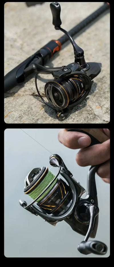 Black ultra-light spinning fishing reel with oscillating spool and line roller