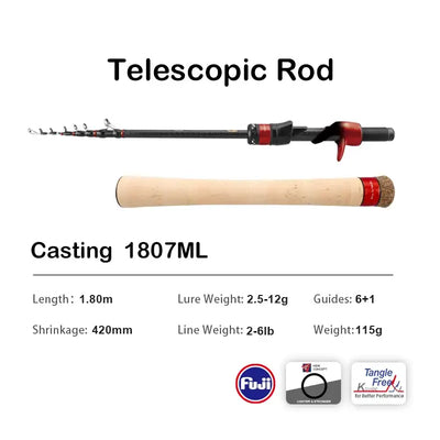Telescopic casting fishing rod with cork grip and red reel seat