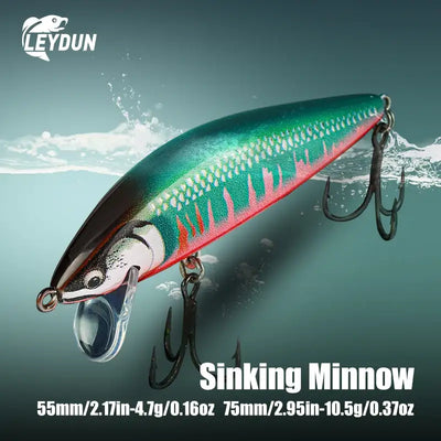 Leydun sinking minnow jerkbait with metallic green and red body, black dorsal fin, silver reflective belly, and treble hooks