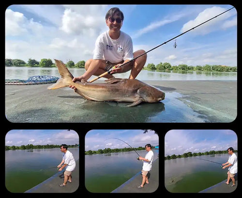 Angler holding a large fish on a fishing rod over a lake surface