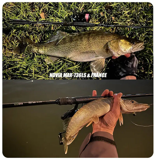 Spinning fishing rod with reel across grass, hand holding a large caught fish.