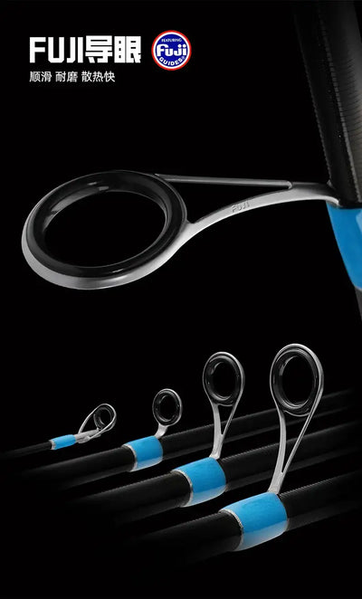 Spinning rod with Fuji-style ring guides on blue-and-black blank and reel seat