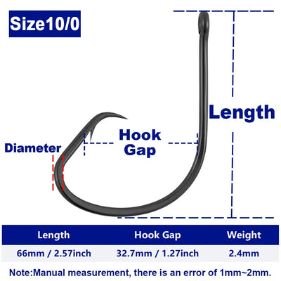 Inline circle hook diagram for Size 10/0, labeled length and hook gap