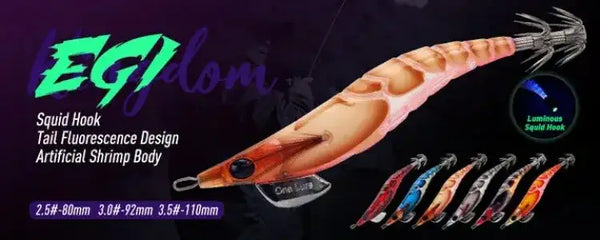 Squid jig lure assortment, orange shrimp-style body with black-and-blue accents and tentacle hooks