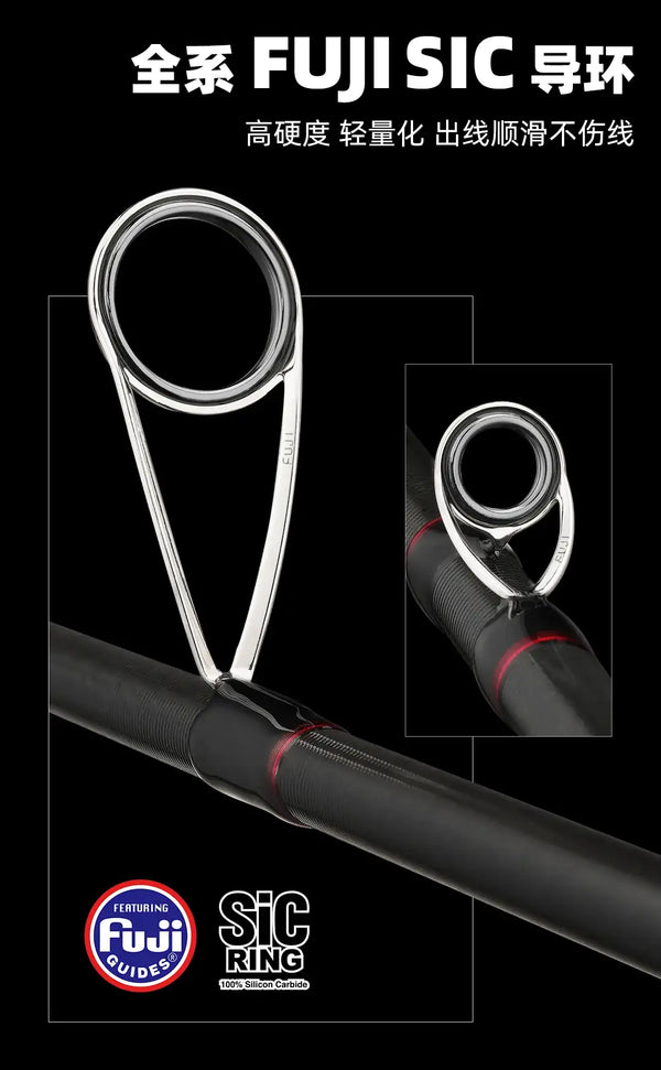 Fishing rod with FUJI SIC guides and black reel seat with red trim details