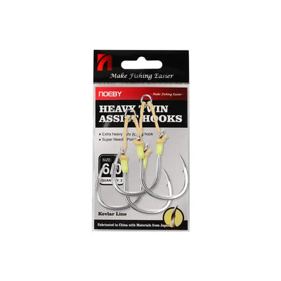 Heavy twin assist fishing hooks with yellow jig beads, size 6/0, on package