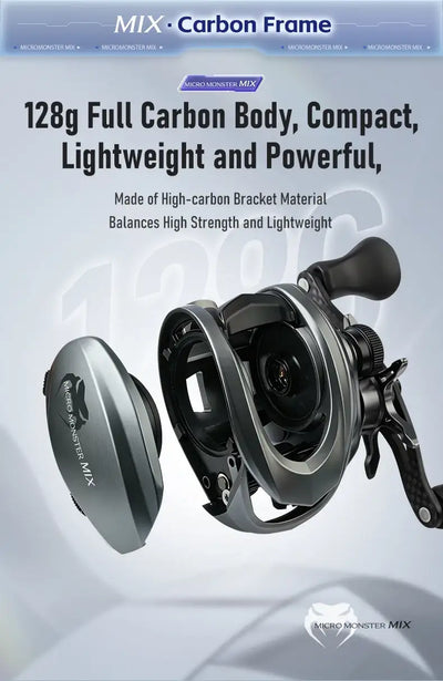 Full carbon baitcasting reel with dark body, silver side plate, and star drag knob