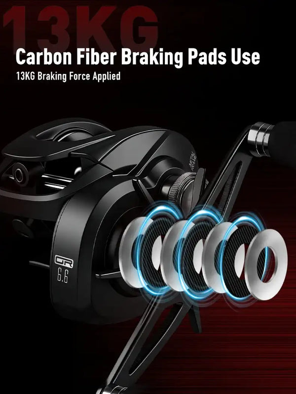 Black baitcasting reel with carbon fiber braking pads and GR 6.6 marking