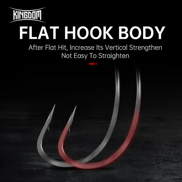 Flat fishing hook body, curved dark silver hook with red-toned variant shown