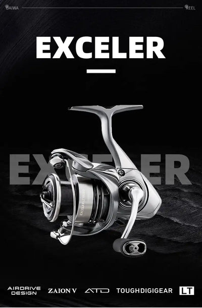 Spinning fishing reel promotional view with silver spool and black handle