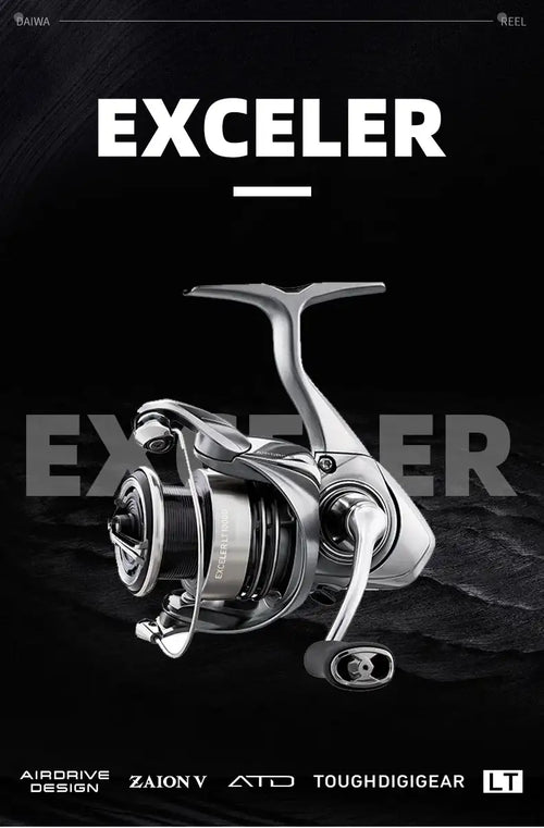 Spinning fishing reel promotional view with silver spool and black handle