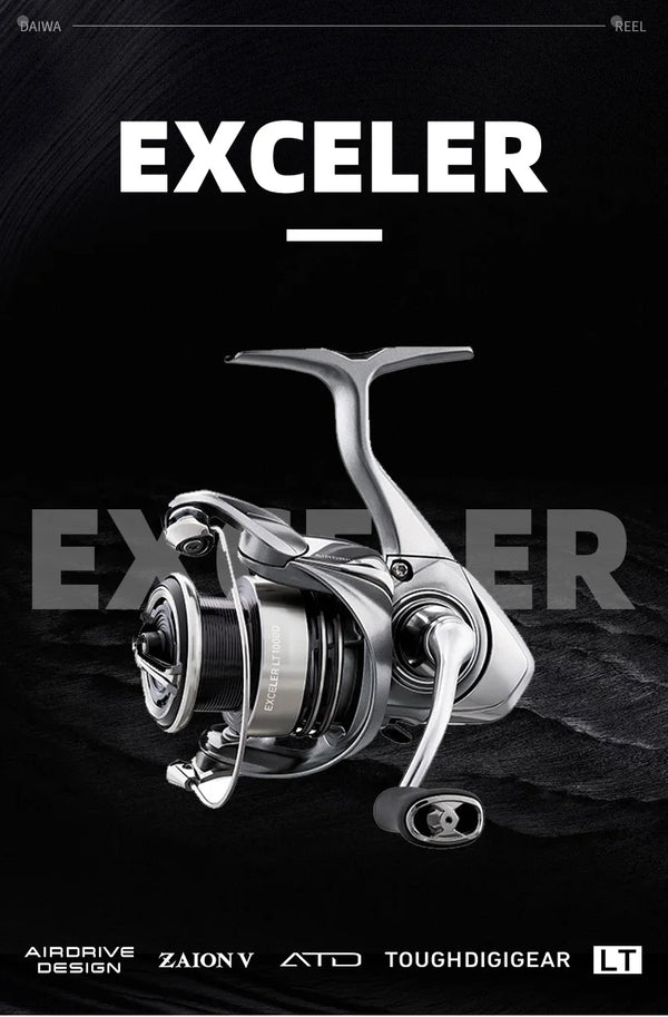 Spinning fishing reel promotional view with silver spool and black handle