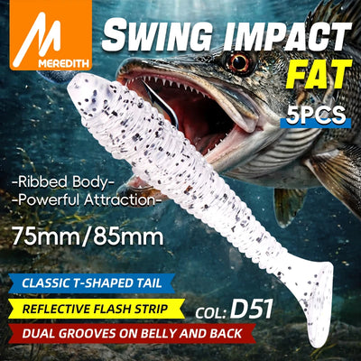 White speckled ribbed soft plastic paddle-tail lure, 75/85mm, with reflective flash strip