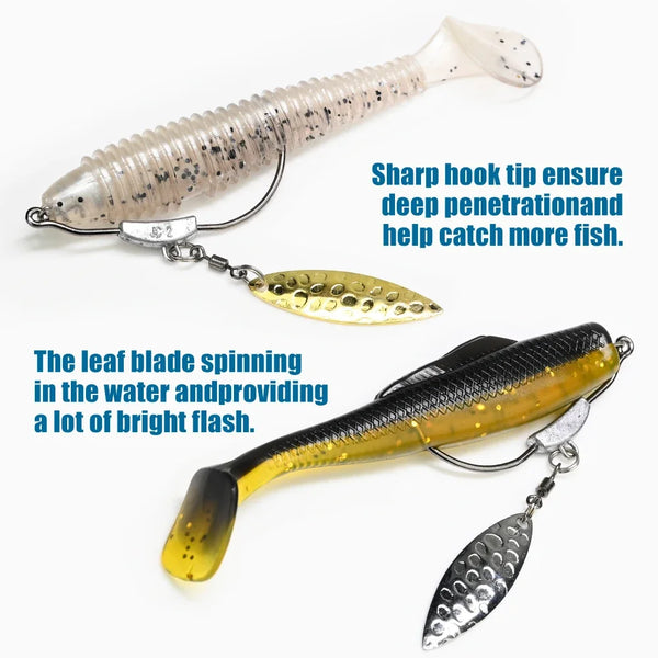 Underspin swimbait hook with white and black/yellow swimbaits plus silver spinner blade