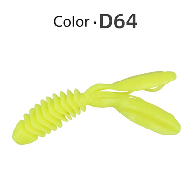 Neon yellow-green silicone worm lure with ridged body and forked tail