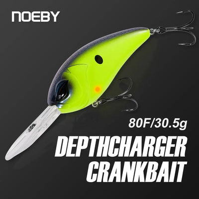 Neon green and dark blue minnow crankbait with clear lip and silver treble hooks