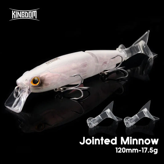 Floating jointed minnow lure, white body with clear lip and T-tail, two treble hooks