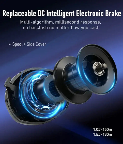 Black baitcasting reel with illuminated brake disc and blue coil accents