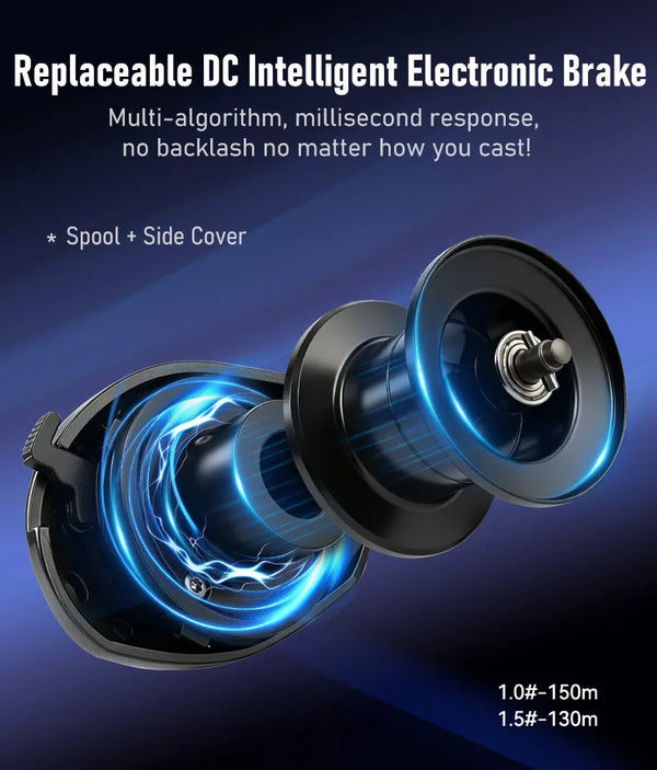 Black baitcasting reel with illuminated brake disc and blue coil accents
