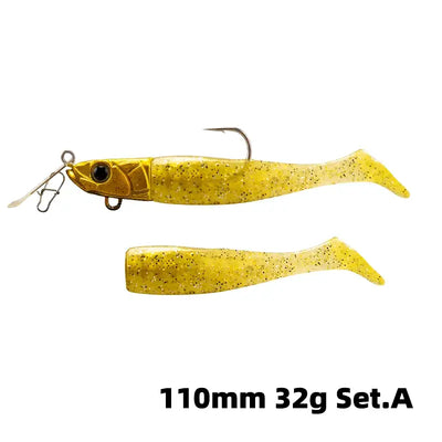 Soft T-tail fishing lure set with treble hook, yellow glitter speckled, 110mm 32g