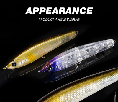 Topwater pencil fishing lures set: gold and clear silver with blue accents
