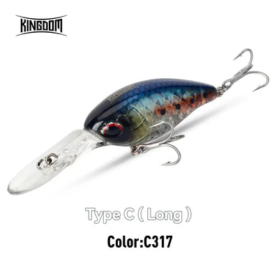 Floating crankbait minnow lure, dark blue and orange-brown with treble hooks