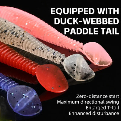 Silicone T-tail fishing lure with duck-webbed paddle tail in red, blue, pink, and silver