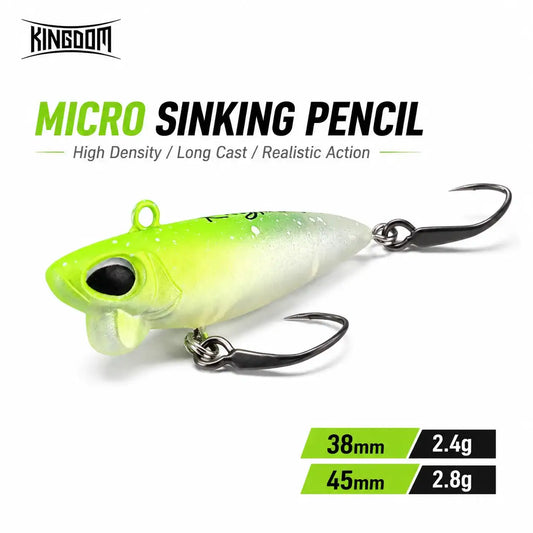 Green micro sinking pencil lure with two treble hooks and split-ring loop