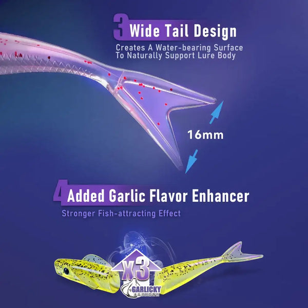Yellow silicone soft fishing lure with wide tail design, fork-tail shape