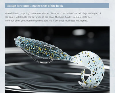 Soft silicone fishing lure with blue glass-speckled body and white flapper tail