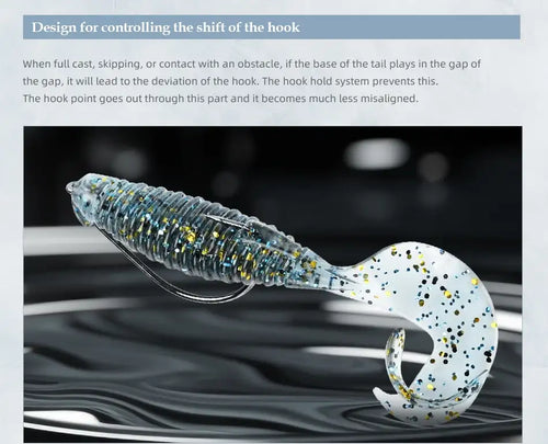 Soft silicone fishing lure with blue glass-speckled body and white flapper tail