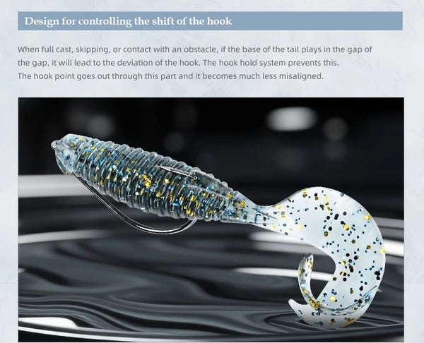 Soft silicone fishing lure with blue glass-speckled body and white flapper tail