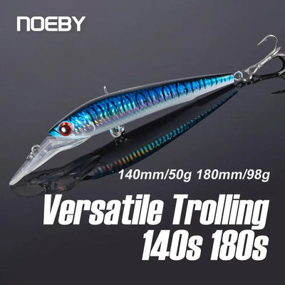 Trolling minnow fishing lure, blue holographic body with red eye and treble hooks