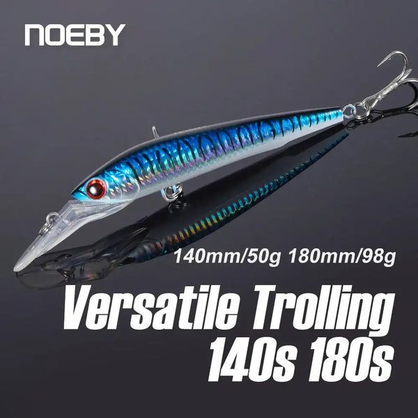 Trolling minnow fishing lure, blue holographic body with red eye and treble hooks