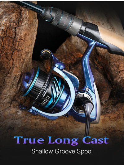 Spinning fishing reel on wood with shallow groove spool and long casting handle