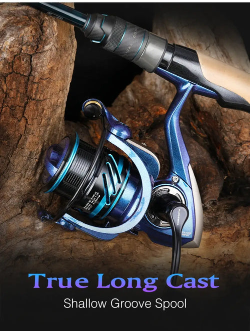 Spinning fishing reel on wood with shallow groove spool and long casting handle