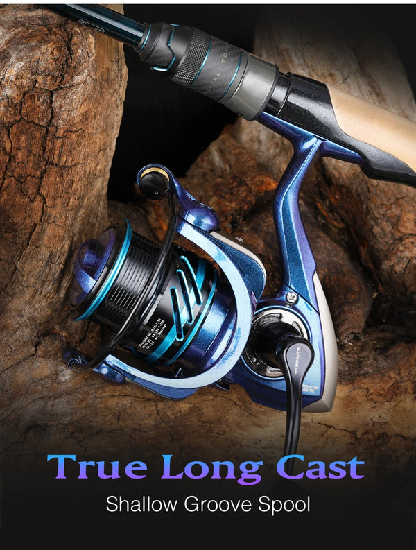 Spinning fishing reel on wood with shallow groove spool and long casting handle