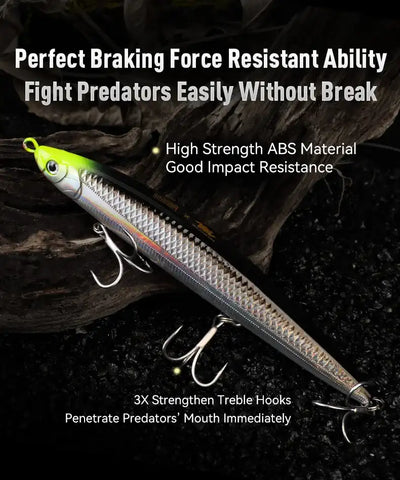 Sinking pencil fishing lure in light green and silver with 3 treble hooks