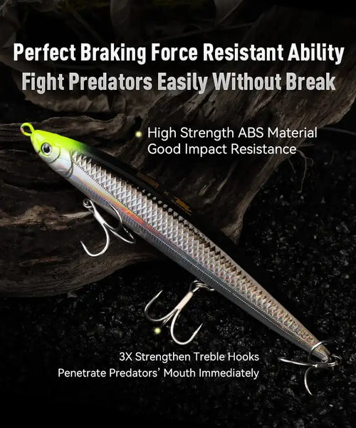 Sinking pencil fishing lure in light green and silver with 3 treble hooks