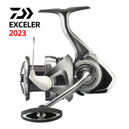 Silver spinning fishing reel with black handle and bail, front three-quarter view
